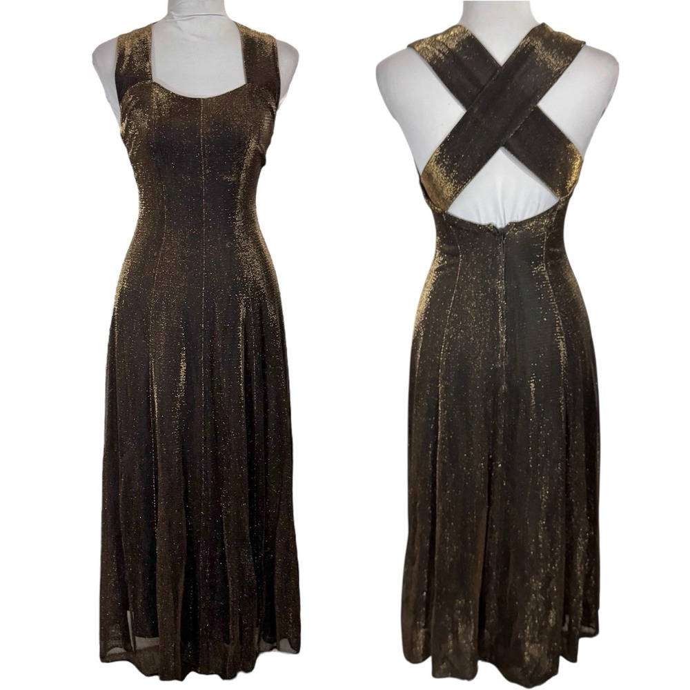 Vintage 90s Metallic Gold Black Maxi Dress 3‎ 4 Goddess Fairycore Disco Flowy